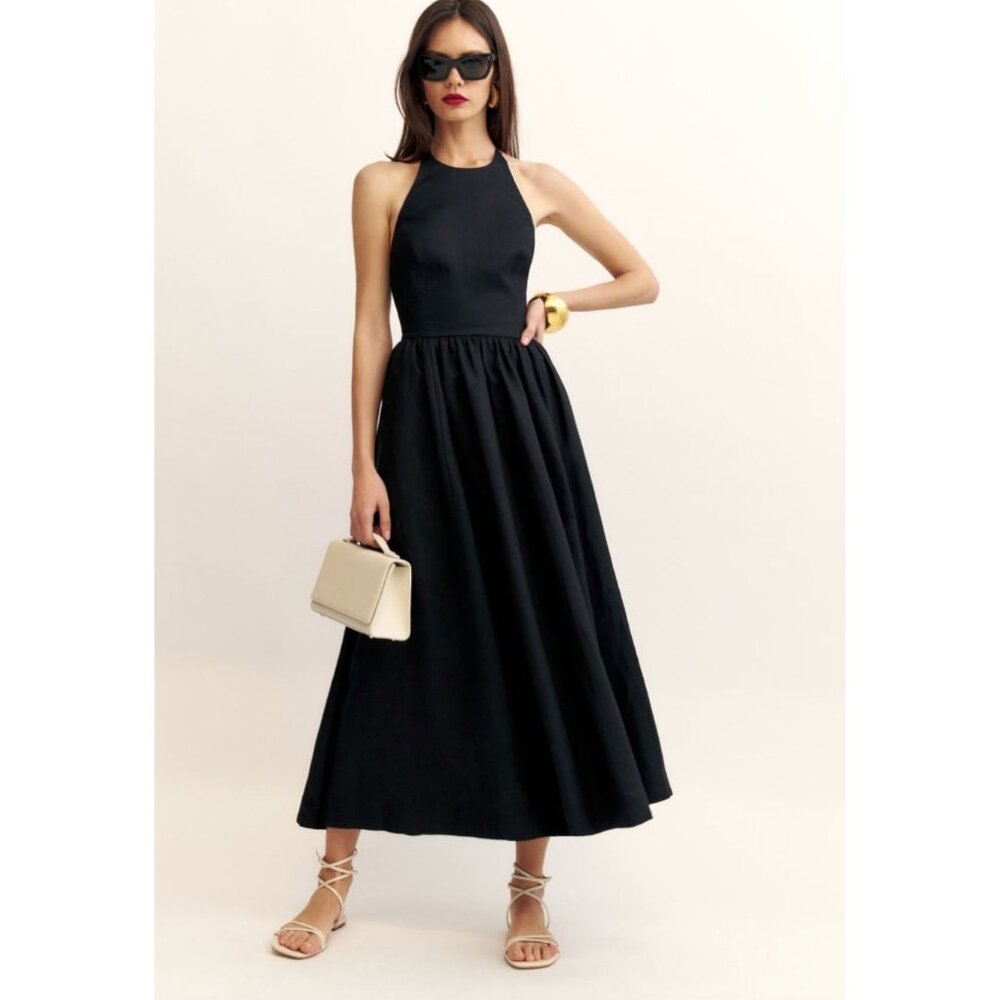 Reformation Percy Halter Linen Midi Dress in Black Size 0